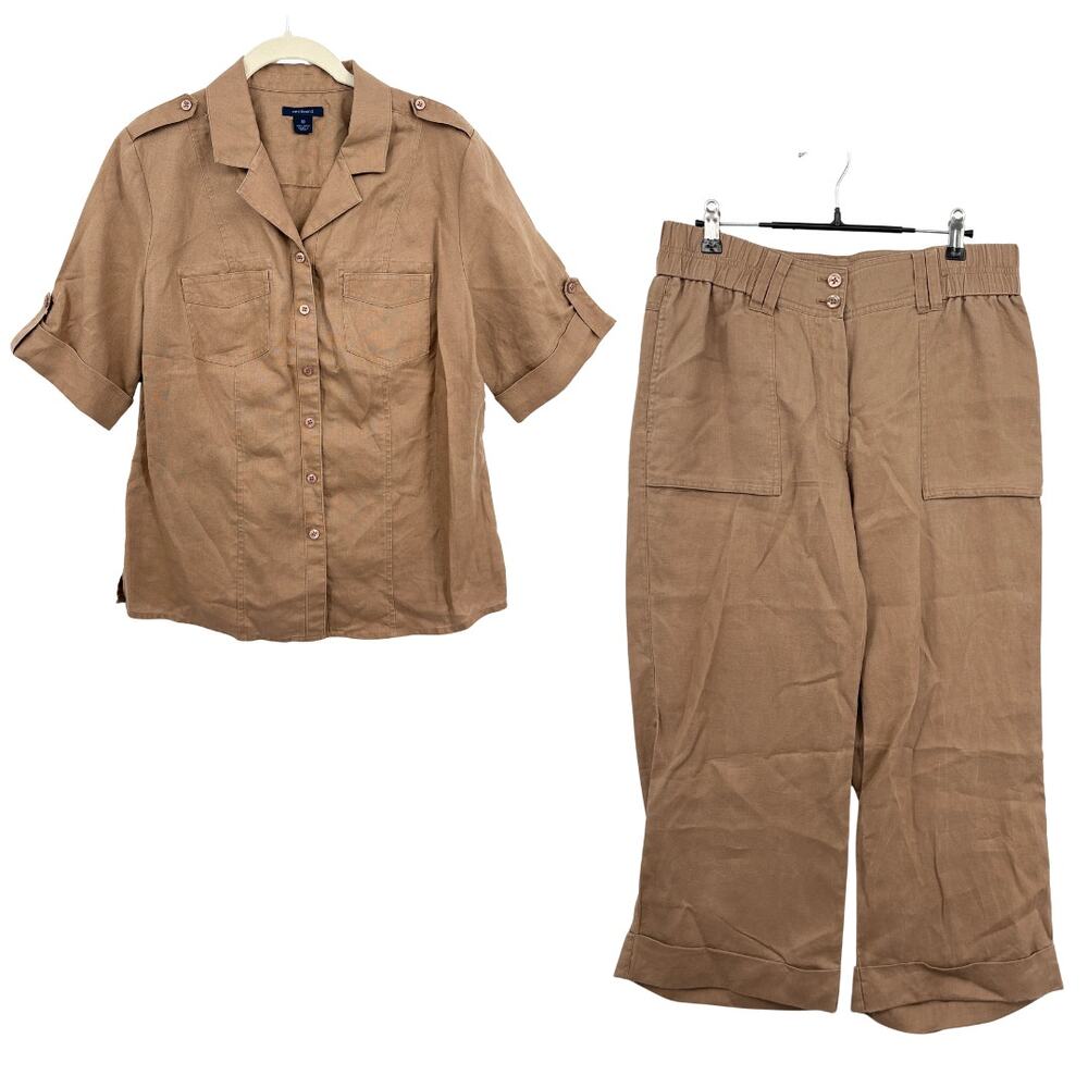 Vintage Size M 100% Linen Set Westbound Brown Camp Shirt Crop Wide Leg Pants